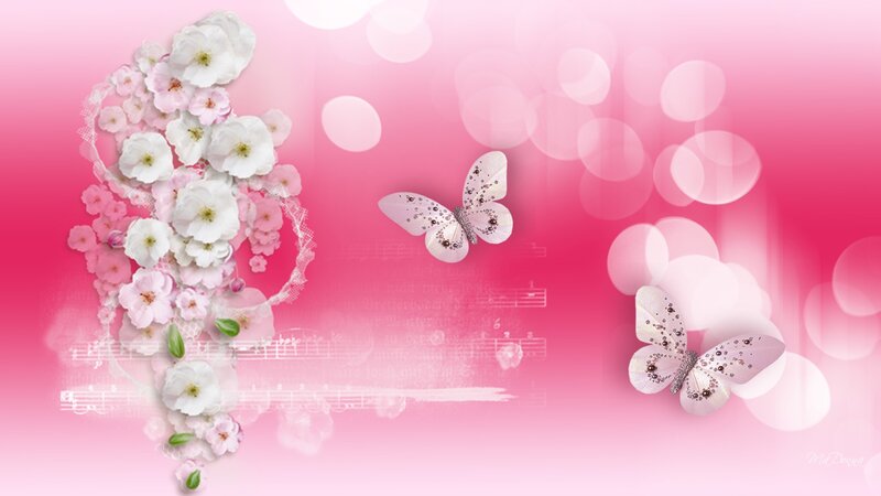 Butterflies and Flowers — Pink, Dreamy, Digital Art, Music Notes