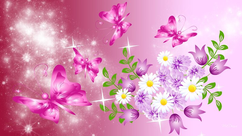 Butterflies and Flowers — Pink, Dreamy, Digital Art, Sparkles