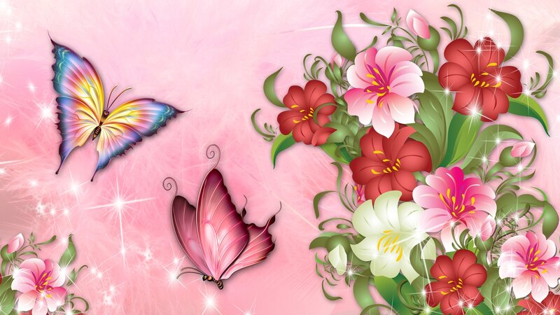 Butterflies and Flowers — Pink, Festive, Digital Art