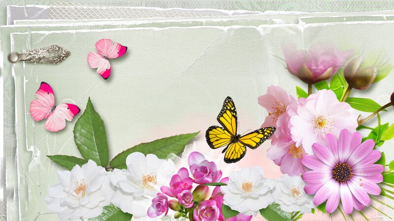 Butterflies and Flowers — Pink, Serene, Spring, Digital Art, Butterfly