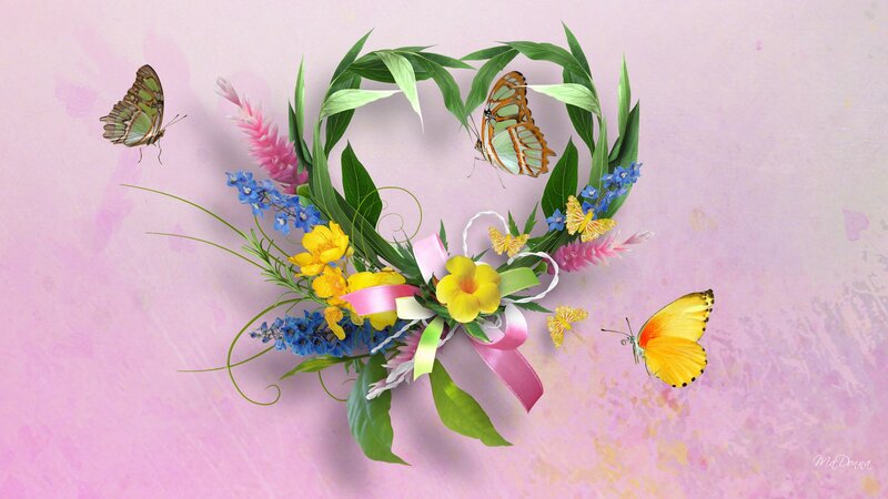 Butterflies and Flowers — Pink, Serene, Spring, Digital Art, Leaves