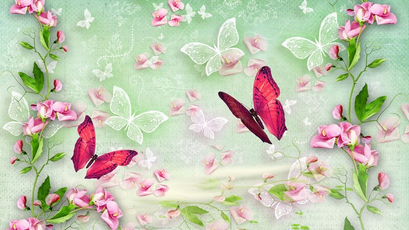 Butterflies and Flowers — Pink, Serene, Spring, Digital Art