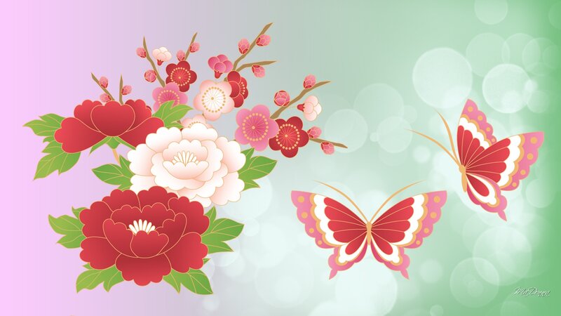 Butterflies and Flowers — Pink, Serene, Spring, Vector Art