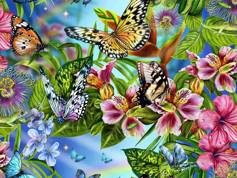 Butterflies and Flowers — Pink, Vibrant, Afternoon, Illustration