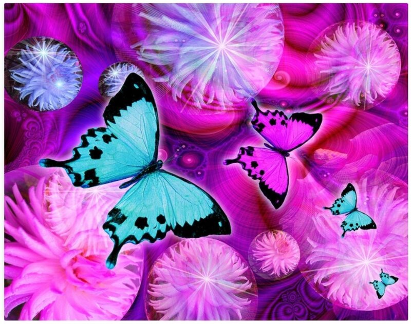 Butterflies and Flowers — Pink, Vibrant, Digital Art, Butterfly, Flower