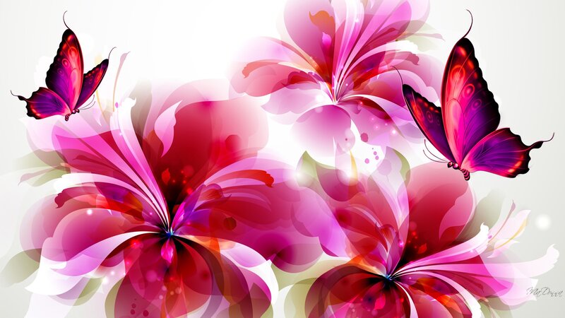 Butterflies and Flowers — Pink, Vibrant, Digital Art, Butterfly