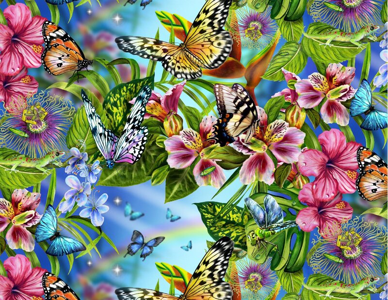Butterflies and Flowers — Pink, Vibrant, Illustration, Lizards