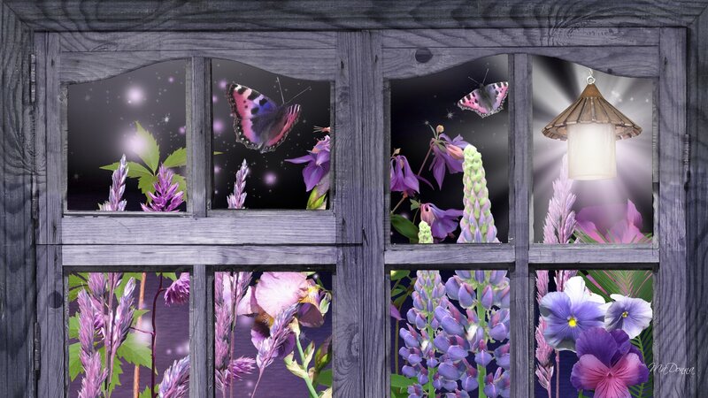 Butterflies and Flowers — Purple, Dreamy, Night, Digital Art