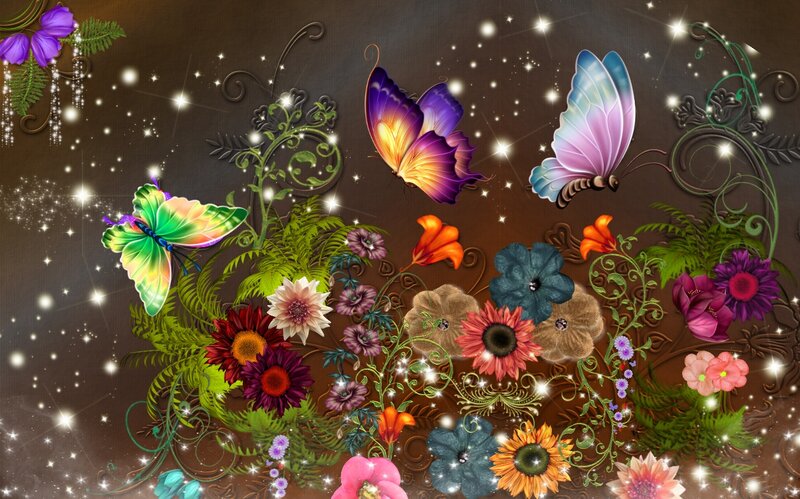 Butterflies and Flowers — Purple, Magical, Night, Digital Art, Sparkles, Leaves