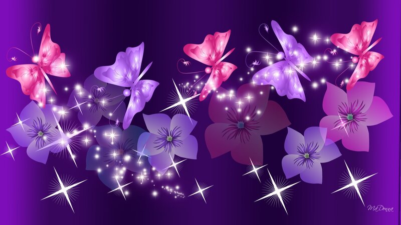 Butterflies and Flowers — Purple, Magical, Night, Digital Art