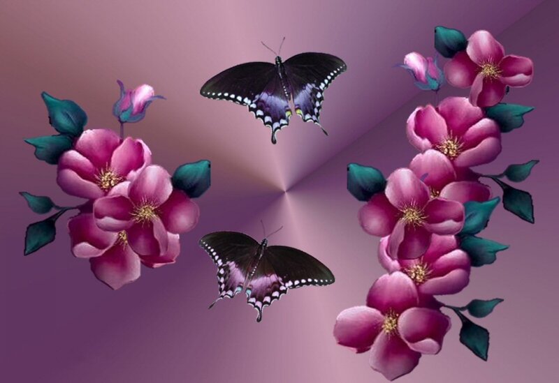 Butterflies and Flowers — Purple, Serene, Digital Art, Butterfly