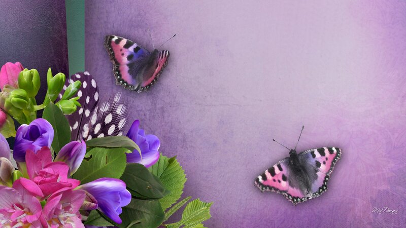 Butterflies and Flowers — Purple, Serene, Digital Art, Feather