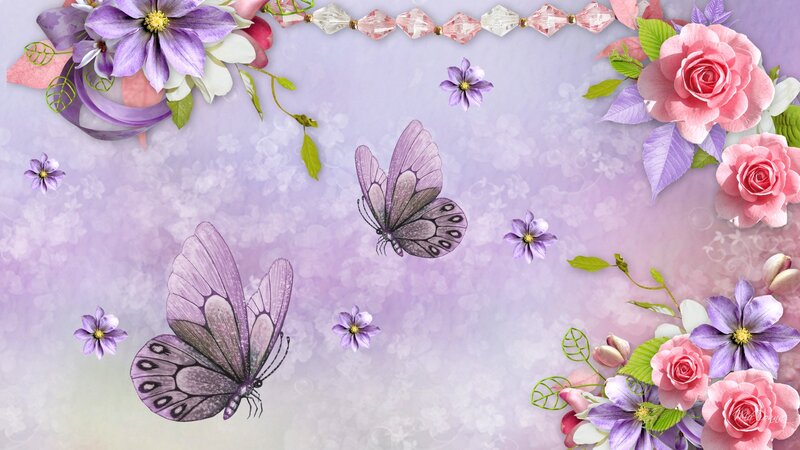 Butterflies and Flowers — Purple, Serene, Digital Art, Gems