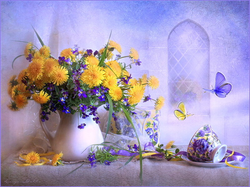 Butterflies and Flowers — Purple, Serene, Digital Art, Vase