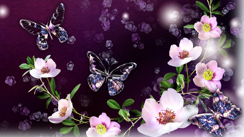 Butterflies and Flowers — Purple, Serene, Night, Digital Art