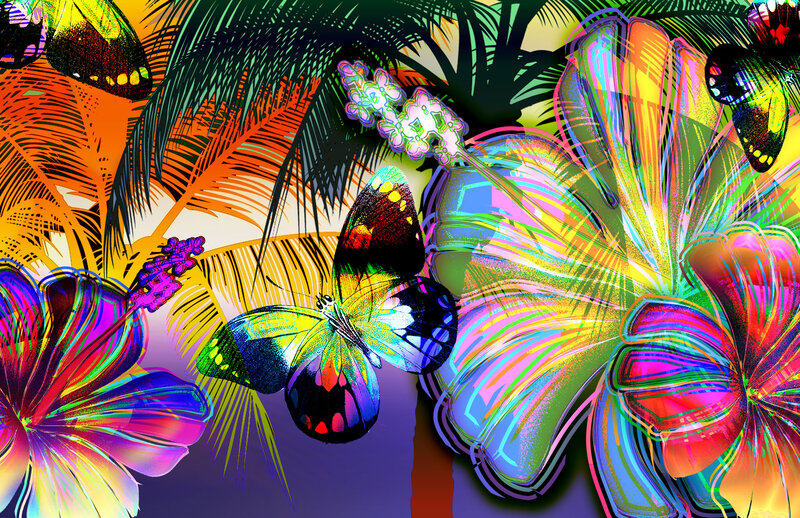 Butterflies and Flowers — Purple, Vibrant, Digital Art, Palm Trees