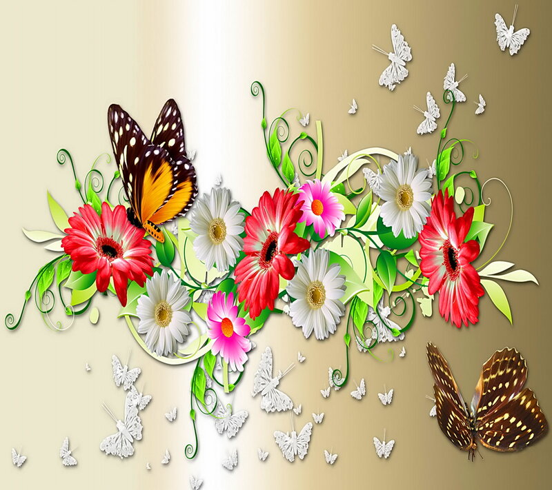 Butterflies and Flowers — Red, Serene, Digital Art