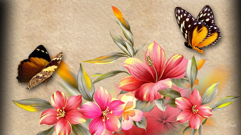 Butterflies and Flowers — Red, Serene