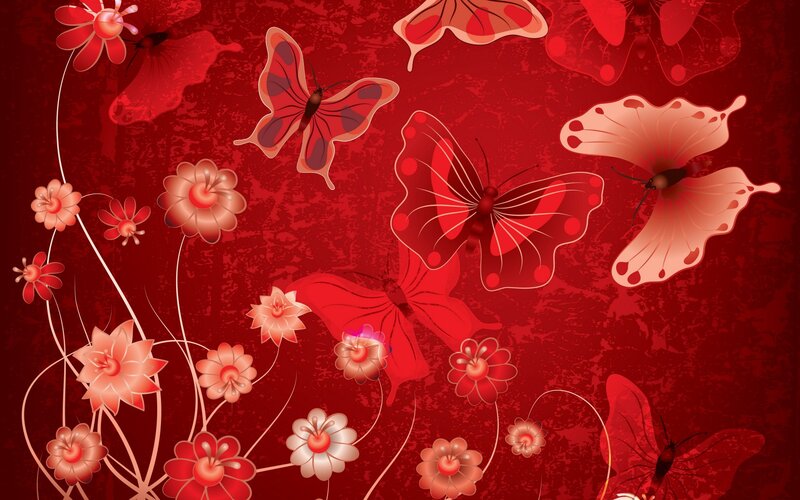 Butterflies and Flowers — Red, Vibrant, Digital Art