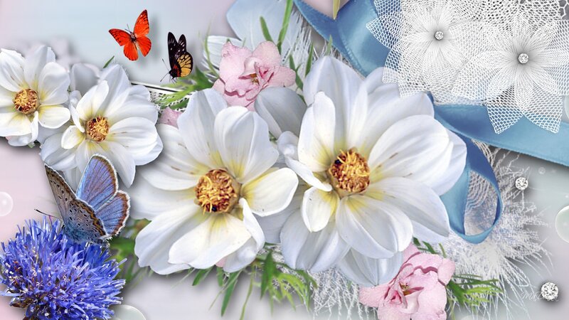 Butterflies and Flowers — White, Serene, Digital Art, Blue Ribbon