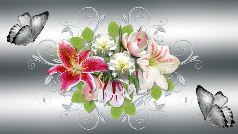 Butterflies and Flowers — White, Serene, Digital Art, Butterfly