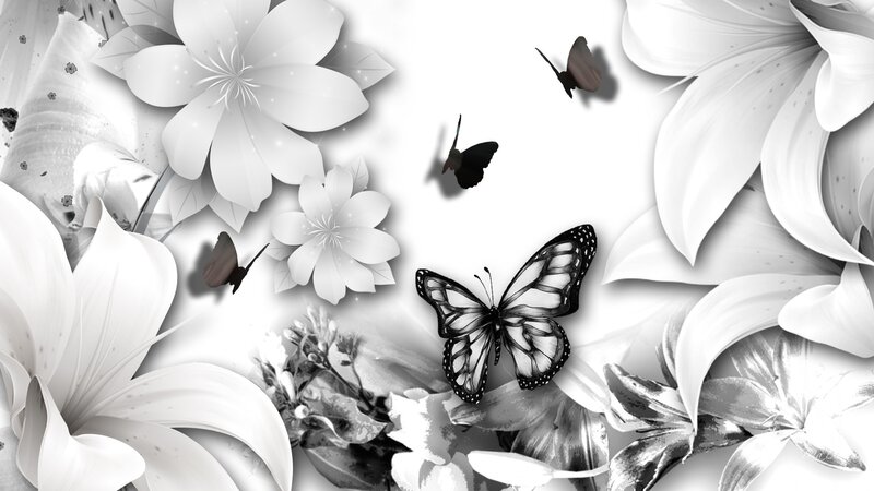 Butterflies and Flowers — White, Serene, Digital Art