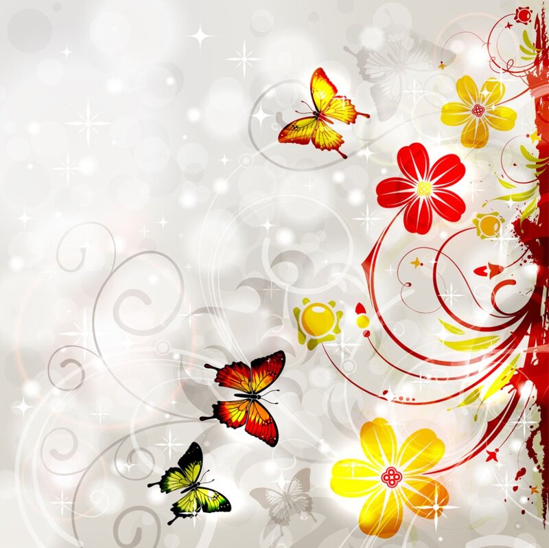 Butterflies and Flowers — Yellow, Festive, Digital Art