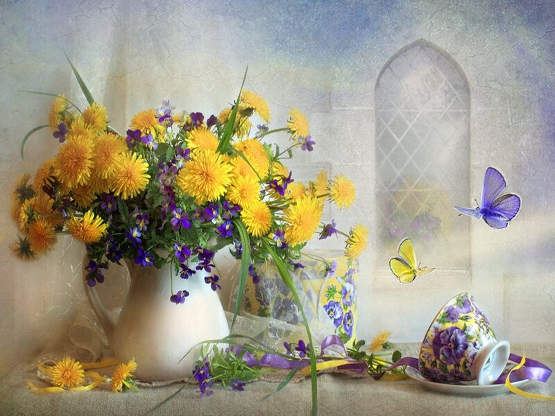 Butterflies and Flowers — Yellow, Serene, Spring, Digital Art