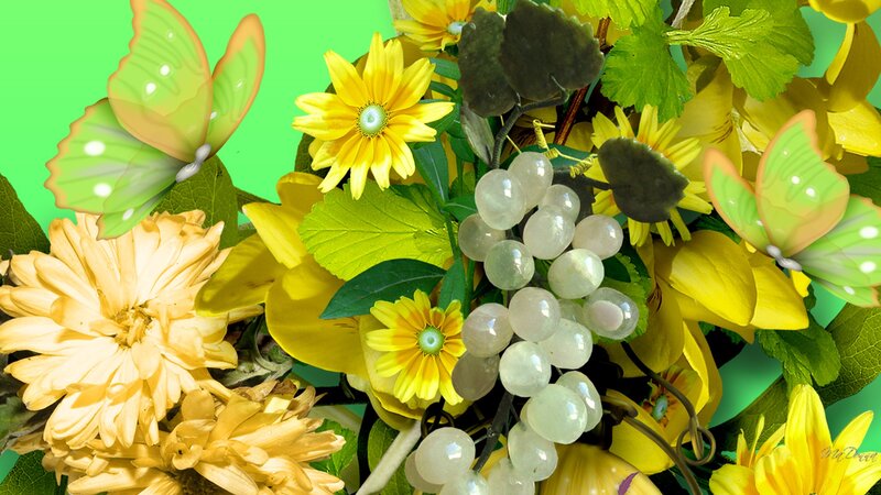 Butterflies and Flowers — Yellow, Vibrant, Digital Art, Grapes