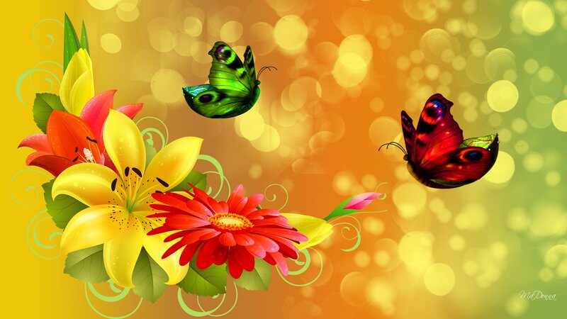 Butterflies and Flowers — Yellow, Vibrant, Digital Art