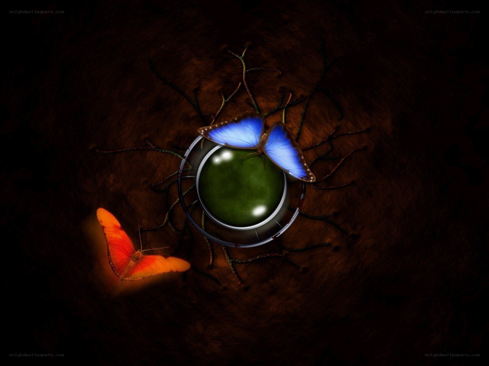 butterflies around a green orb