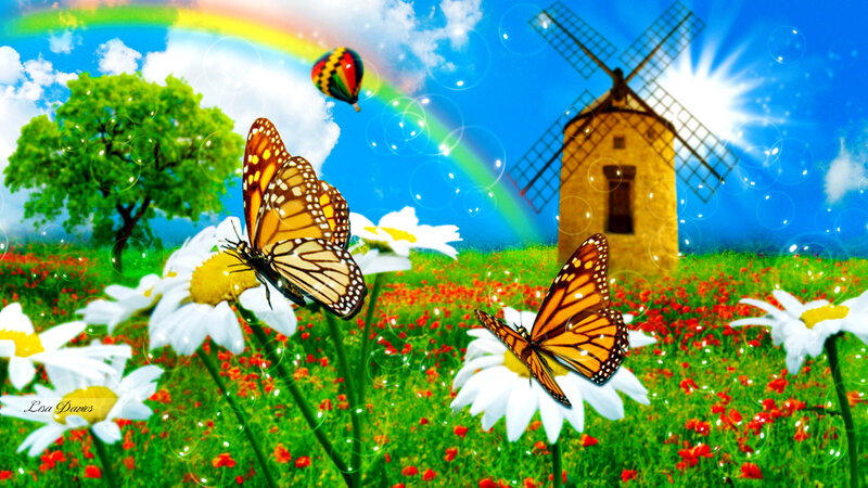Butterflies in a Field — Green, Serene, Afternoon, Digital Art