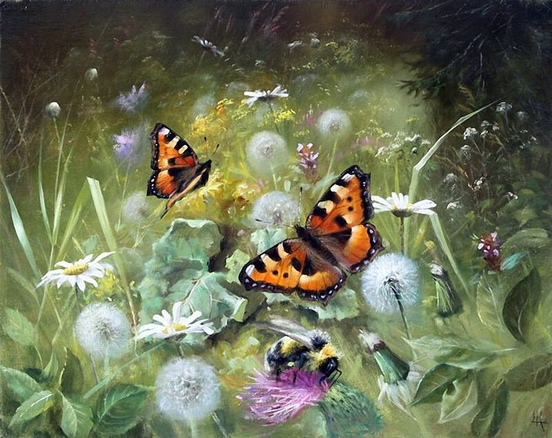 Butterflies in a Meadow — Green, Serene, Afternoon, Painting, Dandelions