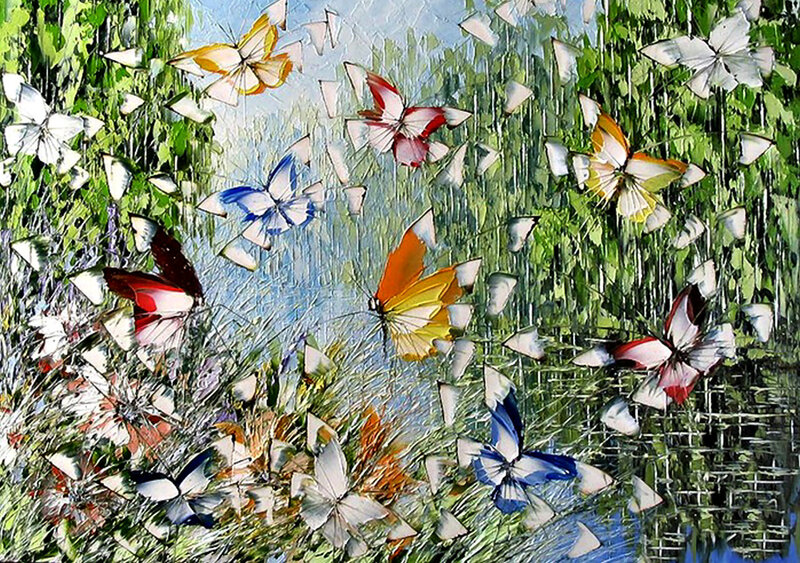 Butterflies in a Meadow — Green, Serene, Afternoon, Painting