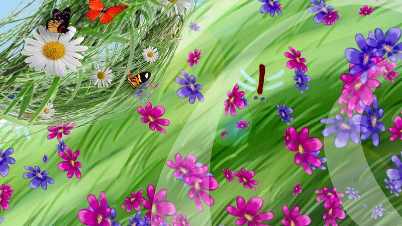 Butterflies in a Meadow — Green, Serene, Spring, Digital Art, Flowers
