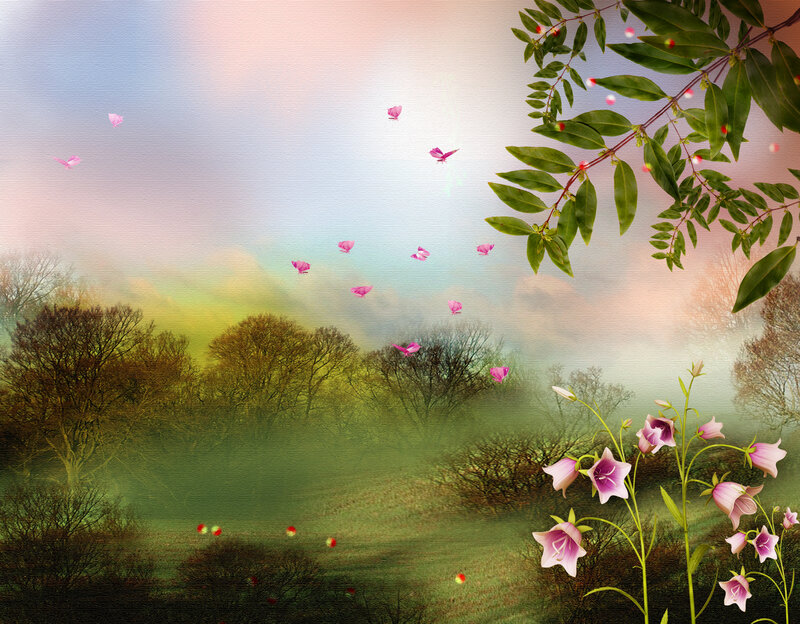 Butterflies in a Meadow — Green, Serene, Spring, Digital Art