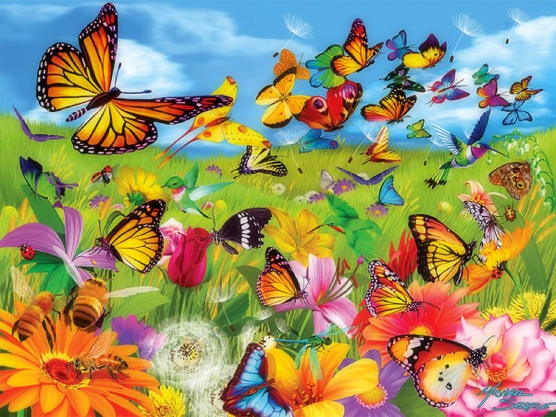 Butterflies in a Meadow — Green, Vibrant