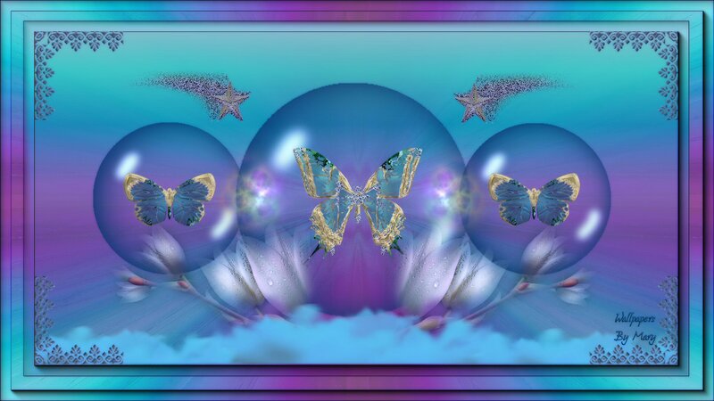 Butterflies in Bubbles — Blue, Dreamy, Digital Art