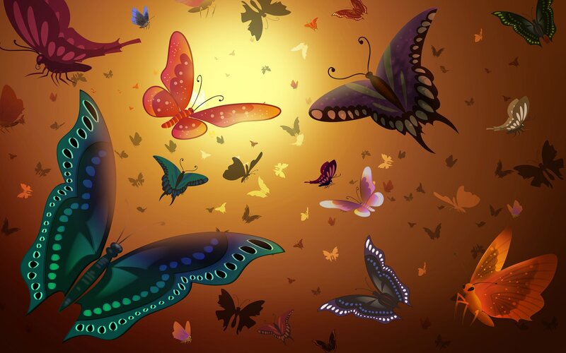 Butterflies in Flight — Orange, Serene, Sunset, Digital Art