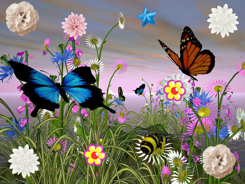 Butterflies in Flower Field — Blue