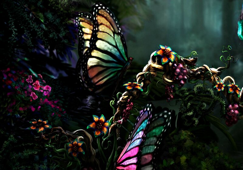 Butterflies in Forest — Green, Mystical, Night, Digital Art, Flowers