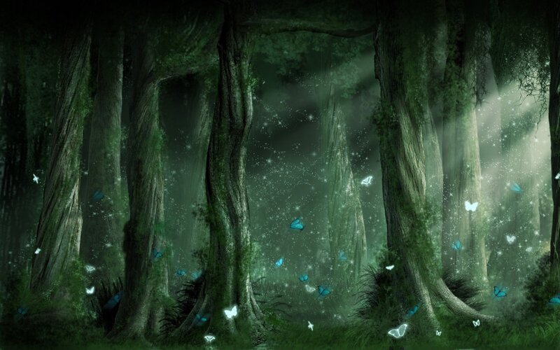 Butterflies in Forest — Green, Mystical, Night