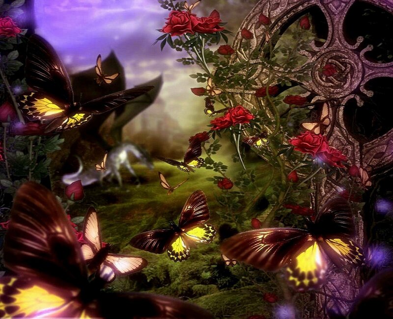 Butterflies in Garden — Purple, Fantastical