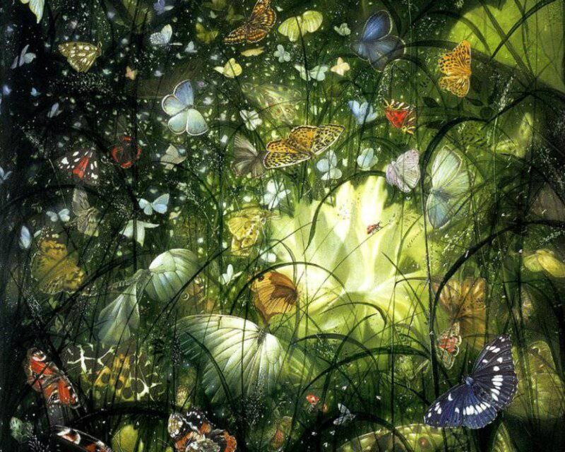 Butterflies in Grass — Green, Serene, Afternoon, Painting