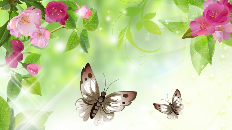 Butterflies on Flowers — Green, Serene