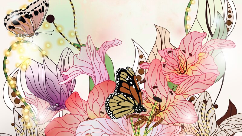 Butterflies on Flowers — Pink, Serene, Digital Art