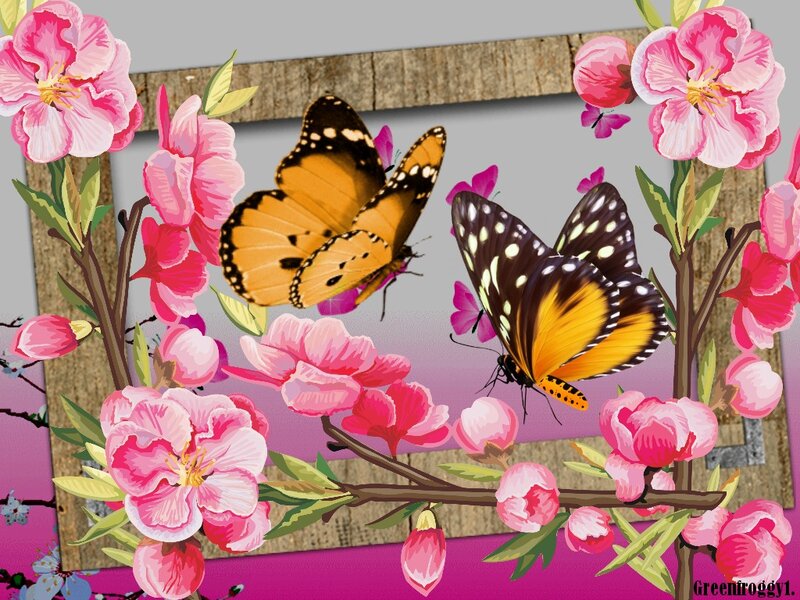 Butterflies on Flowers — Pink, Serene, Spring, Digital Art, Branches
