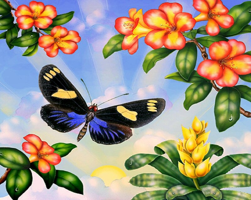 Butterfly Among Flowers — Blue, Serene
