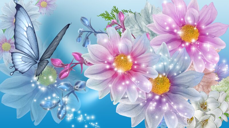 Butterfly Among Flowers — Blue