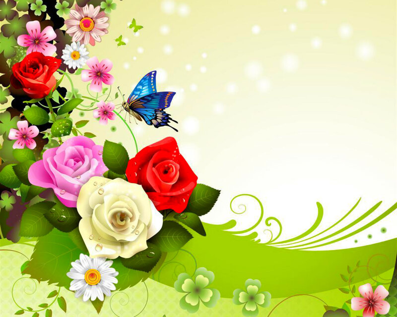 Butterfly Among Flowers — Green, Cheerful